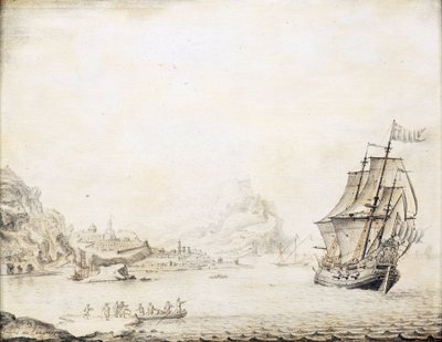 Brittiläinen laiva Satalian (Turkki) rannikolla vuonna 1677, jota ympäröi kivinen rantaviiva, muinaiset kaupungin muurit ja minareetit. Öljy puulle tekijältä Jan Peeters