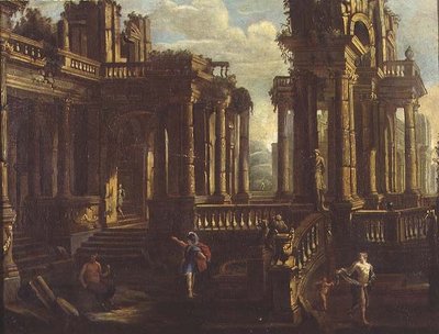 Klassisten raunioiden capriccio soturin, satyyrin ja Amorin kanssa jahtaamassa nymfiä tekijältä Jan Peeters
