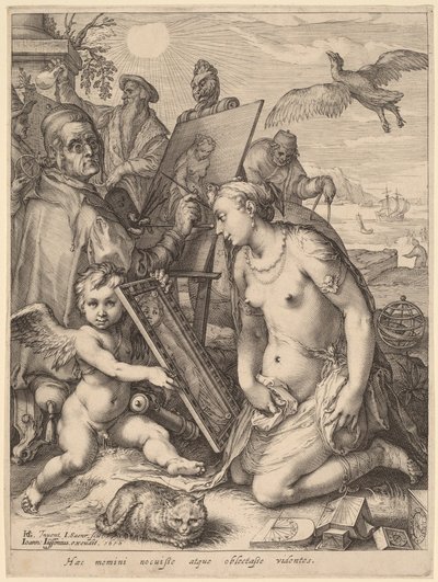 Taiteilija maalaa alaston naisen: visuaalisen havainnon allegoria tekijältä Jan Pietersz Saenredam, after Hendrik Goltzius