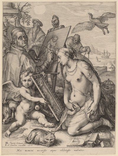 Taiteilija maalaa alaston naisen: visuaalisen havainnon allegoria tekijältä Jan Pietersz Saenredam after Hendrik Goltzius