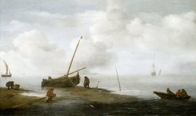 Simpukankalastus, kalastusvene rannalla ja kolme miestä keräämässä simpukoita koreihinsa. Öljy kankaalle 1622, Jan Porcellis (1580-1632). tekijältä Jan Porcellis