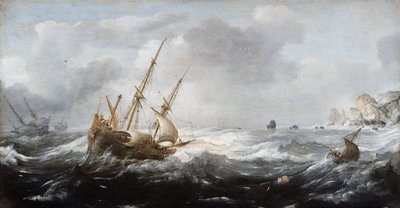 Laivoja myrskyssä kalliorannikolla - Peinture de Jan Porcellis (1582/5-1632) - 1614-1618 - Öljy puulle - 35x67 - Hallwylska Museet, Tukholma tekijältä Jan Porcellis