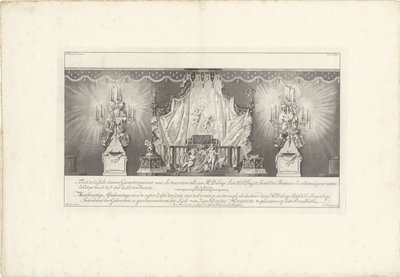 Huoneen takaosassa prinssi William IV:n majesteetti, 1751 Fond de la sale dessiné Geometriquement (...) / Meetkonstige Afteekeninge of the back Zijde der Zale with Cieraden soodanigh kuten den Hr. Delage Leuit. Col: Ingen.r ja intendantti tekijältä Jan Punt