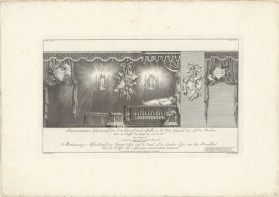 Hallin oikealla puolella prinssi William IV:n majesteetti, 1751 Edustus Geometrale du Côte Droit (...) / Meetkonstige Kuva salin oikeasta puolelta ja Splendor Bed -vuoteen vasemmasta puolelta, profiililla 