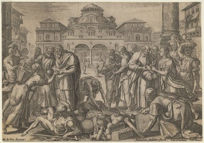 Apostolit jakavat rahaa apua tarvitseville, n. 1600 tekijältä Jan Sadeler