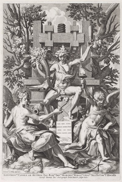 Bacchus istuu tynnyrillä Amorin ja musiikin välissä tekijältä Jan Sadeler I, after Joos van Winghe