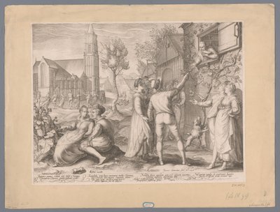 Jonge paren die poulet maken en dansen, 1596 Valtava leipästolich Moses Choragi Mereriti Chorein alla, leipä tuli säälittäväksi (...) (otsikko esineessä) tekijältä Jan Saenredam