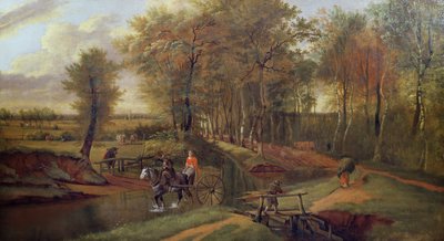 Metsäinen jokimaisema hahmoilla, hevosella ja kärryillä, 1692 tekijältä Jan Siberechts