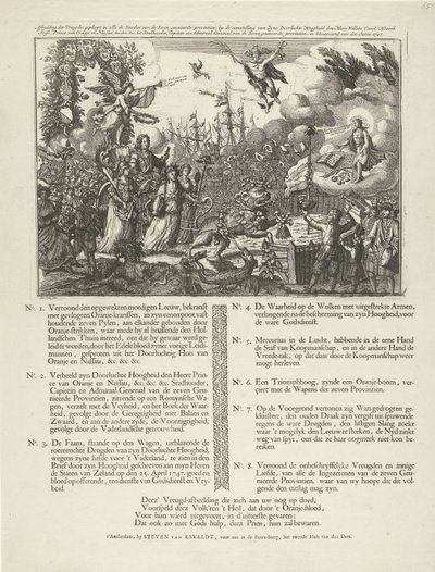 Allegoria Vilhelm IV:n nimittämisestä tasavallan kaupunginhaltijaksi, 1747 Ilokuva, joka on tehty kaikissa Steeden of the Seven -provinsseissa, nimittämällä (...) Willem Carel Henrik Friso (...) kaupunginhaltijaksi, kapteeniksi ja tekijältä Jan Smit (II)