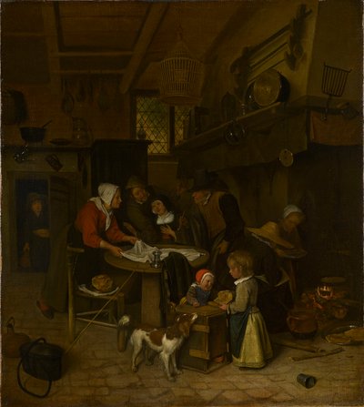 Kohtaus talonpoikaiskeittiössä, jossa palvelija pesee liinoja. tekijältä Jan Steen