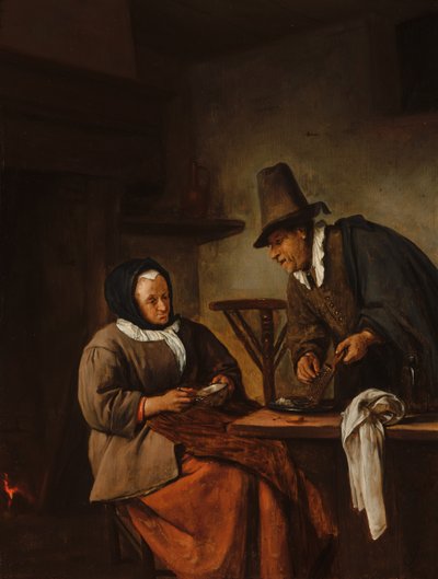 Vanha pariskunta valmistaa caudle-juomaa tekijältä Jan Steen