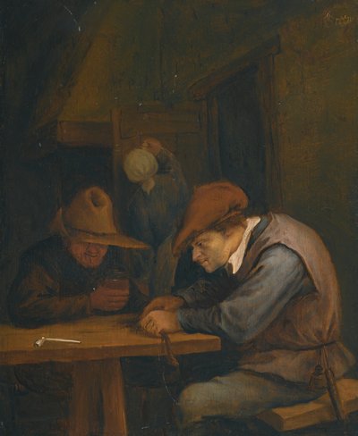 Talonpojat juomassa ja leikkaamassa tupakkaa majatalossa tekijältä Jan Steen