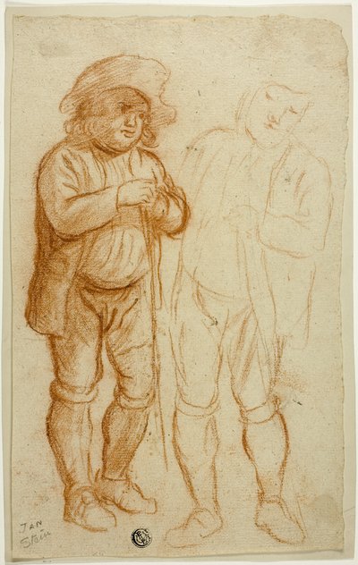 Kaksi luonnosta seisovasta, sauvaan nojaavasta miehestä tekijältä Jan Steen