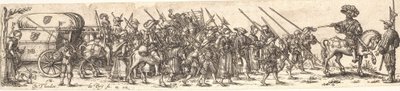 Sotilaiden usko, edessä upseeri hevosen selässä tekijältä Jan Theodor de Bry
