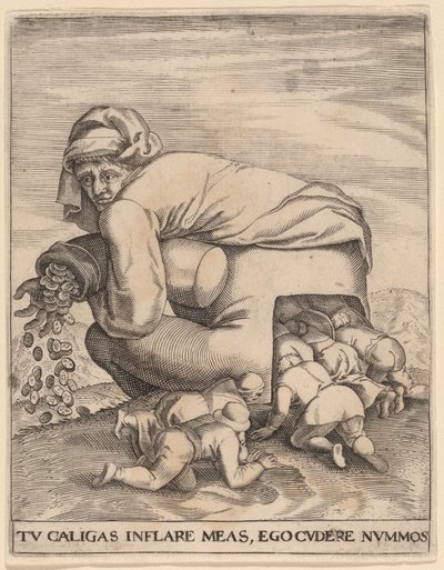 Mies rahapussin kanssa ja hänen imartelijansa tekijältä Jan Theodor de Bry after Pieter Bruegel the Elder