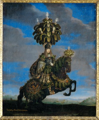 Gundakar, prinssi Dietrichstein "hevosbaletin" puvussa, joka esitettiin keisari Leopold I:n morsiamen, Infanta Margarita Teresan saapumisen kunniaksi (maalaus kankaalle). tekijältä Jan Thomas