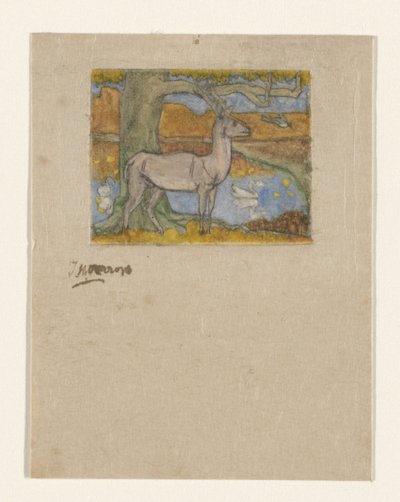 Hirvi lähellä puuta lammen edessä Hirvi lähellä puuta (alkuperäinen nimi) tekijältä Jan Toorop (signed by artist)