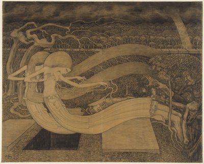 Oi Grave, missä on voittosi? Kaksi naista miehen vieressä ja avoin hauta Oi hauta, missä on voittosi tekijältä Jan Toorop