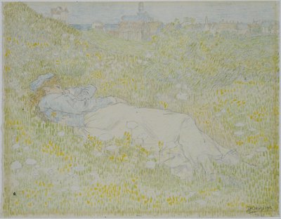 Nainen makaa dyynillä lähellä Noordwijkia Tyttö makaa nurmikolla Noordwijkin siluetin taustalla tekijältä Jan Toorop