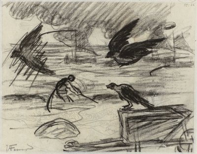 Merimaisema kalastajan kanssa, etualalla kottikärryt lintujen kanssa tekijältä Jan Toorop
