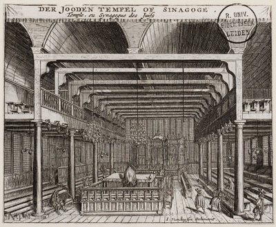 Amsterdamin portugalilaisen synagogan sisustus - Veenhuysen, tammikuu (toimii 1656-1685) - Kuparikaiverrus - 11,2x13,7 - Leidenin yliopiston kirjasto tekijältä Jan Veenhuysen