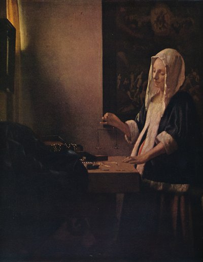 Nainen pitelee tasapainoa, c1664 tekijältä Jan Vermeer van Delft