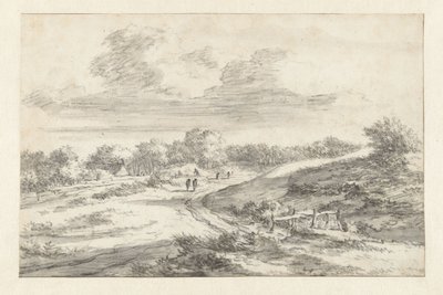 aDyynimaisema hahmoineen tien varrella, mökki kaukana tekijältä Jan Vermeer van Haarlem (I) (attributed to)