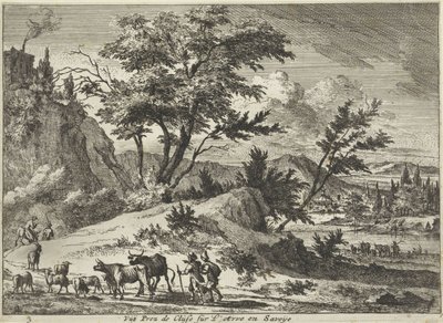 Näkymä tielle lähellä Clusesia Arvessa, Savoie Vue Prez de Cluse sur L´Arve en Savoije (otsikko esineessä) Faces in Savoie (sarjan nimi) tekijältä Jan Vincentsz. van der Vinne