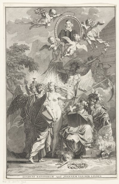 Allegorinen otsikkosivu kirjailija Edward Simsonin muotokuvalla Nimisivu: Edward Simson, Chronicon historiam catholicam complectens, 1729 tekijältä Jan Wandelaar