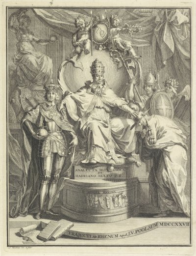 Valtaistuimella Adrian VI Otsikko voor: Burmann, Kasper. Hadrianus VI eli kuudennen roomalaisen paavin Hadrianuksen historiallinen anakleta, 1727 tekijältä Jan Wandelaar