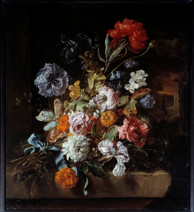 Kukkakimppu kivipenkille Maalaus Jan Weenix (1640-1719) 1694 Su. 0,74x0,67 m Lyon, Musee des Beaux Arts tekijältä Jan Baptist Weenix