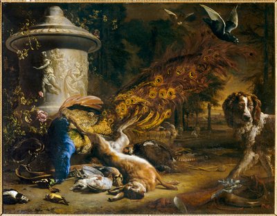 Tyyni elämä riikinkukon ja koiran kanssa tai Metsästyksen tuotteet. 1696 ... tekijältä Jan Weenix
