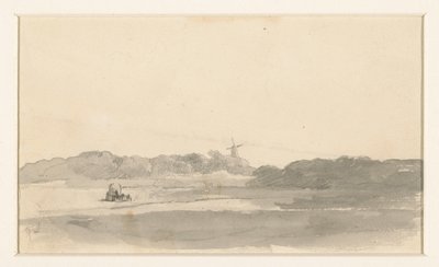 Morsian vaatimattomastiMeadow-maisema, jossa sadonkorjuumies ja tuulimylly peittää kasvonsa sarillaan, n. 1880 (kynä, tussi ja akvarelli paperilla) tekijältä Jan Weissenbruch