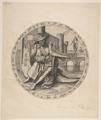 Rikas mies, joka soittaa viulua leukaluussa, n. 1568. tekijältä Jan Wierix