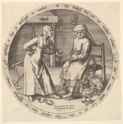Nuhteleva nainen ja kaakeva kana, n. 1568. tekijältä Jan Wierix