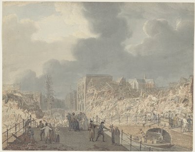 Näkymä Rapenburgin raunioista Leidenissä ruutilaivan räjähdyksen jälkeen 12. tammikuuta 1807 tekijältä Jan Willem Pieneman