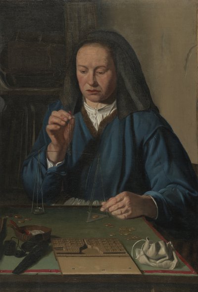 Kultaa painava nainen, n. 1630 tekijältä Jan Woutersz.