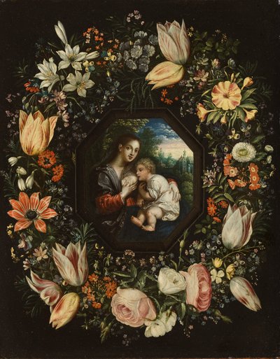 Madonna ja lapsi kukkaseppeleessä, n. 1625 (öljy kuparille) tekijältä Jan and Balen, Hendrik van Brueghel