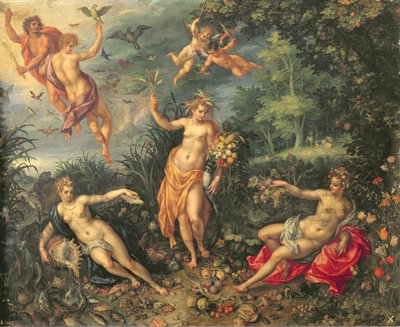 Abundance and the Four Elements, n. 1606 (öljy kuparille) tekijältä Jan and Clerk, H. Brueghel