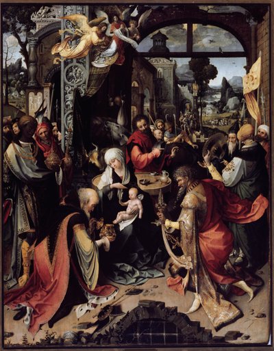 Taikkojen palvonta (keskuspaneeli) (öljy paneelille, noin 1520) tekijältä Jan de Beer
