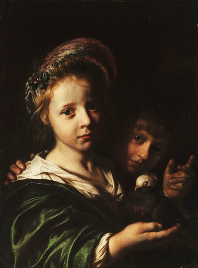 Tyttö pitelee kyyhkystä ja poika elehtii, 1652 tekijältä Jan de Bray