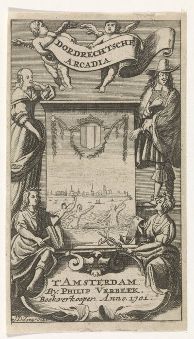 Neljä hahmoa kehyksen ympärillä, josta on näkymä Dordrechtiin Nimisivu: Dordrechtsche Arcadia, 1701 tekijältä Jan de Jonge