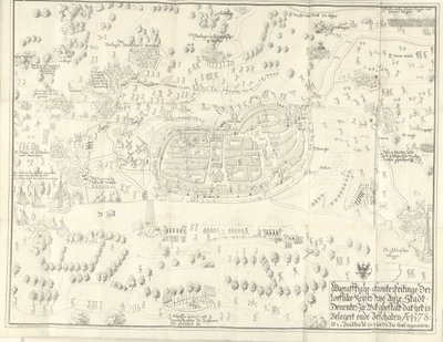 Deventerin piiritys ja vangitseminen, 1578 Waerafftighe afconterfeitinge der loeflike Keyser ilmainen Anze Stadt Deventer Missä ghestaltissa se on Belgert onde Beschaten Ao. 1578 (otsikko esineessä) tekijältä Jan de Lange (II) (signed by artist)