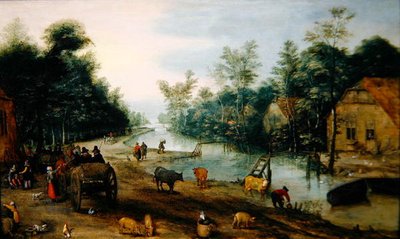 Kesäinen metsäinen jokimaisema, jossa matkustajat saapuvat majataloon (öljy paneelille) tekijältä Jan the Elder (circle of) Brueghel