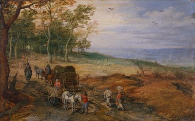 Metsäinen maisema matkustajien kanssa (öljy kuparilla) tekijältä Jan the Elder Brueghel