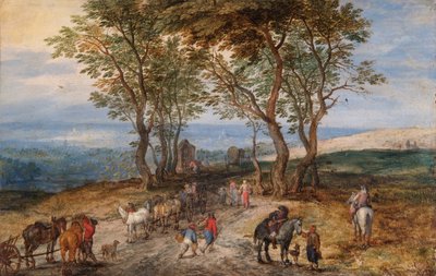 Maantiekohtaus hahmoineen: Mies rukoilemassa pyhäkössä, n. 1610 (öljy kuparille) tekijältä Jan the Elder Brueghel