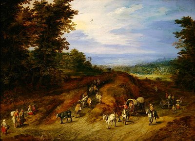 Maisema talonpoikien, kärryjen ja eläinten kanssa (öljy kuparilla) tekijältä Jan the Elder Brueghel