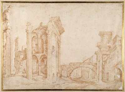 Rooman Nervan muinaisen foorumin ("Forum Transiterius") rauniot Campanile SS:n etäisyydellä. Quirico ja Giuletta (kynä ja muste paperille) tekijältä Jan the Elder Brueghel