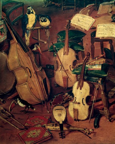 Kielet ja papukaijat, yksityiskohta Viiden aistin allegoriasta (maalaus tekijältä Jan the Elder Brueghel