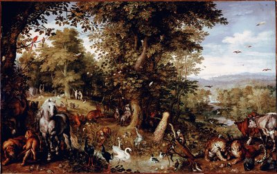 Ikuinen paratiisi Kaikki luomakunnan eläimet edustettuina pareittain. Maalaus Jan Bruegel (tai Breugel tai Brueghel tai Breughel), entinen tunnettiin nimellä Bruegel de Velours (1568-1625) Rome Galleria Doria Pamphilj tekijältä Jan the Elder Brueghel